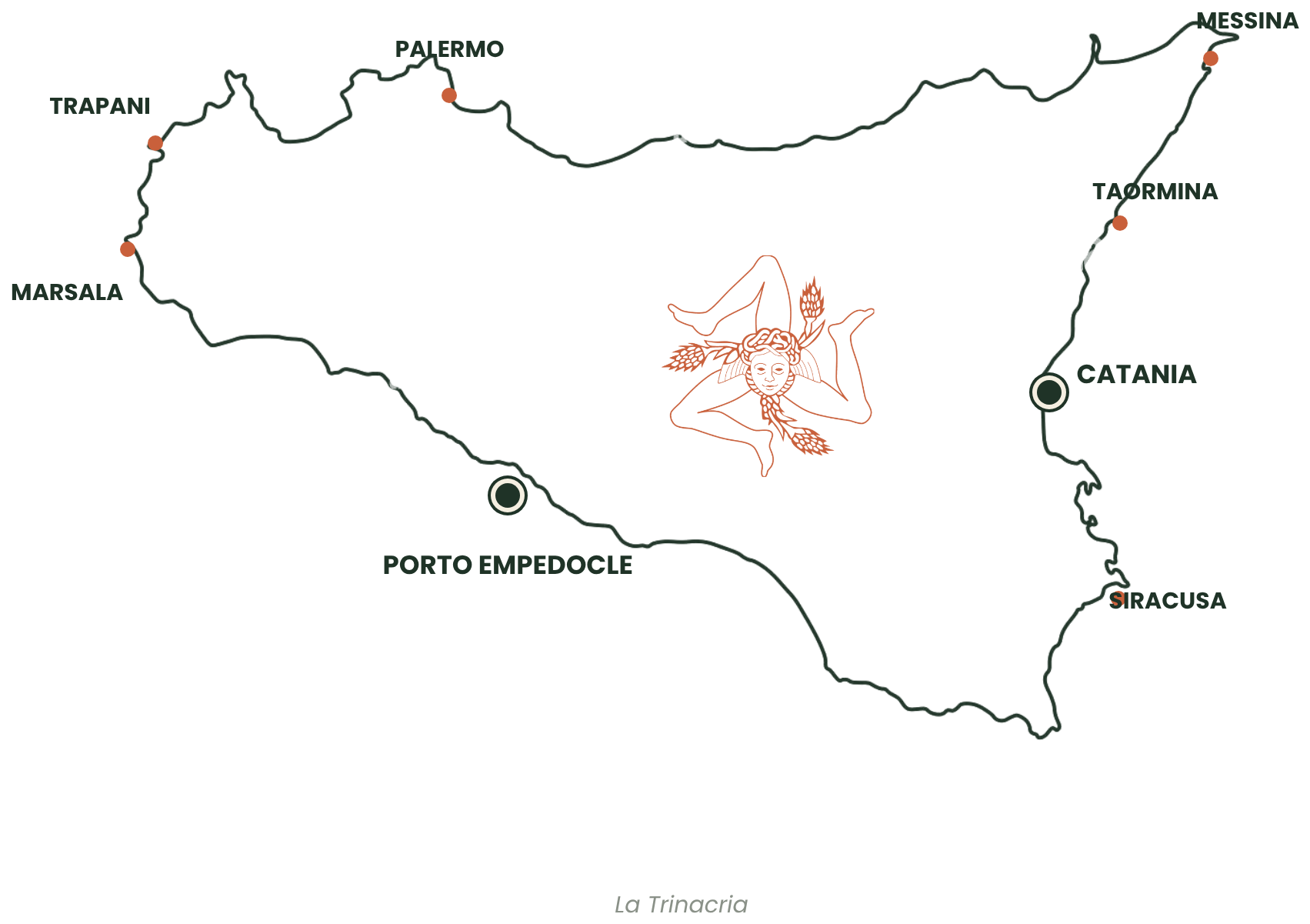 Karte Siziliens mit Trinacria, Catania und Porto Empedocle